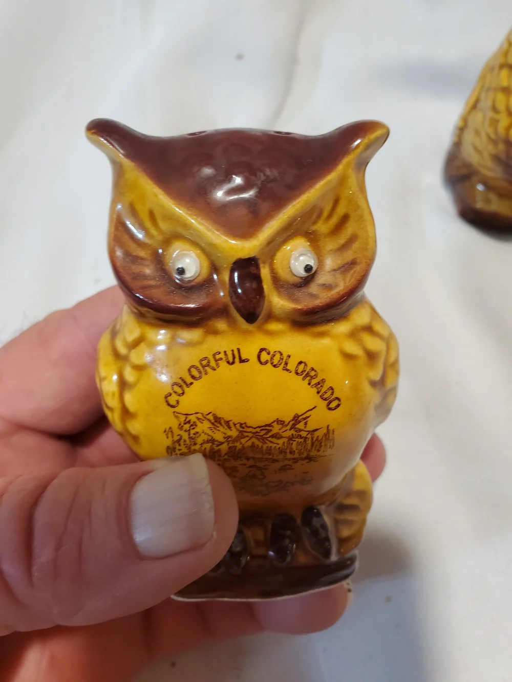 Vintage Ceramic Owl Salt & Pepper Shakers Colorful Colorado Googly Eyes Souven